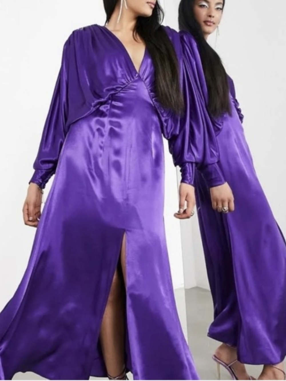 ASOS EDITION Satin V-Neck Purple MIDI Dress with Batwing Sleeves